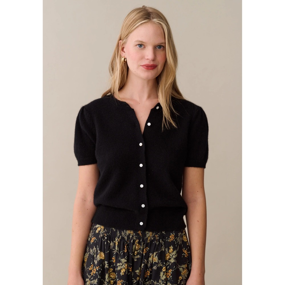 Kourt Eddie Black Cashmere Short Sleeve Puff Shoulder Cardigan Sweater XS NEW